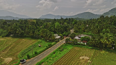 matale sri lanka aerial v4 cinematic drone flyover vast ploughed farmlands along ab26 road capturing residential suburbs and hillside mountain landscape - shot with mavic 3 cine - april 2023