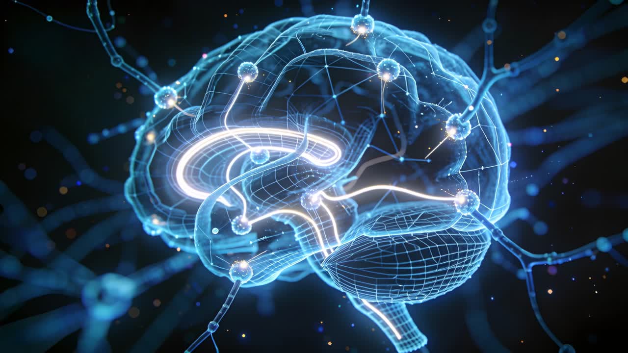 Rotating hologram brain activating inner pathway, pulsing nodes and cerebellar mesh in blue void