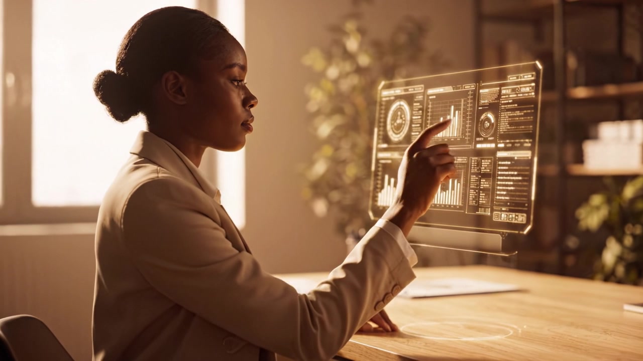 A focused professional woman engages with a futuristic holographic display, analyzing data and metrics in a modern workspace filled with natural light.