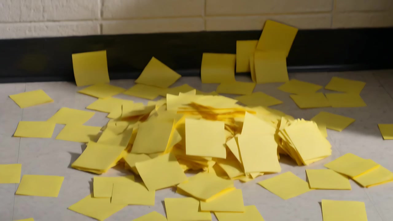 Lifting top edges, yellow sticky notes peeling from gray panel in corridor, piling by baseboard