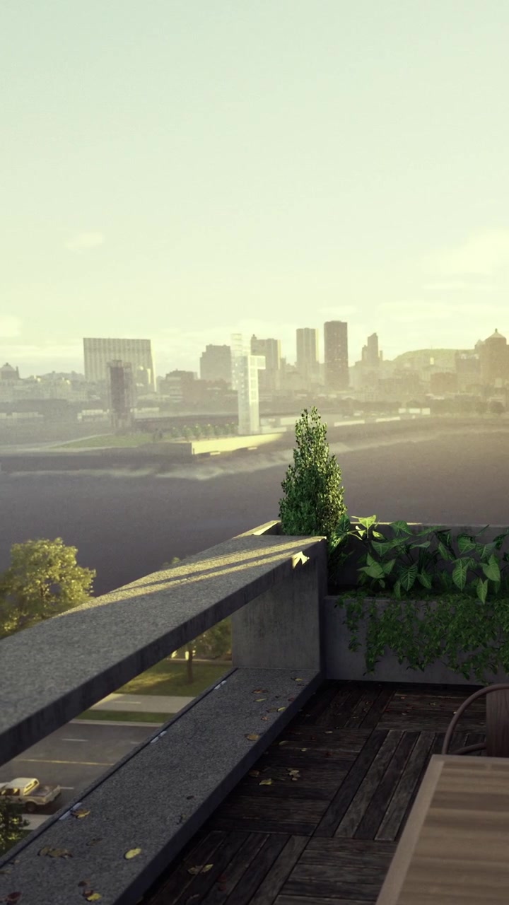 Vista de uma paisagem urbana serena à beira-mar ao nascer do sol com vegetação exuberante.