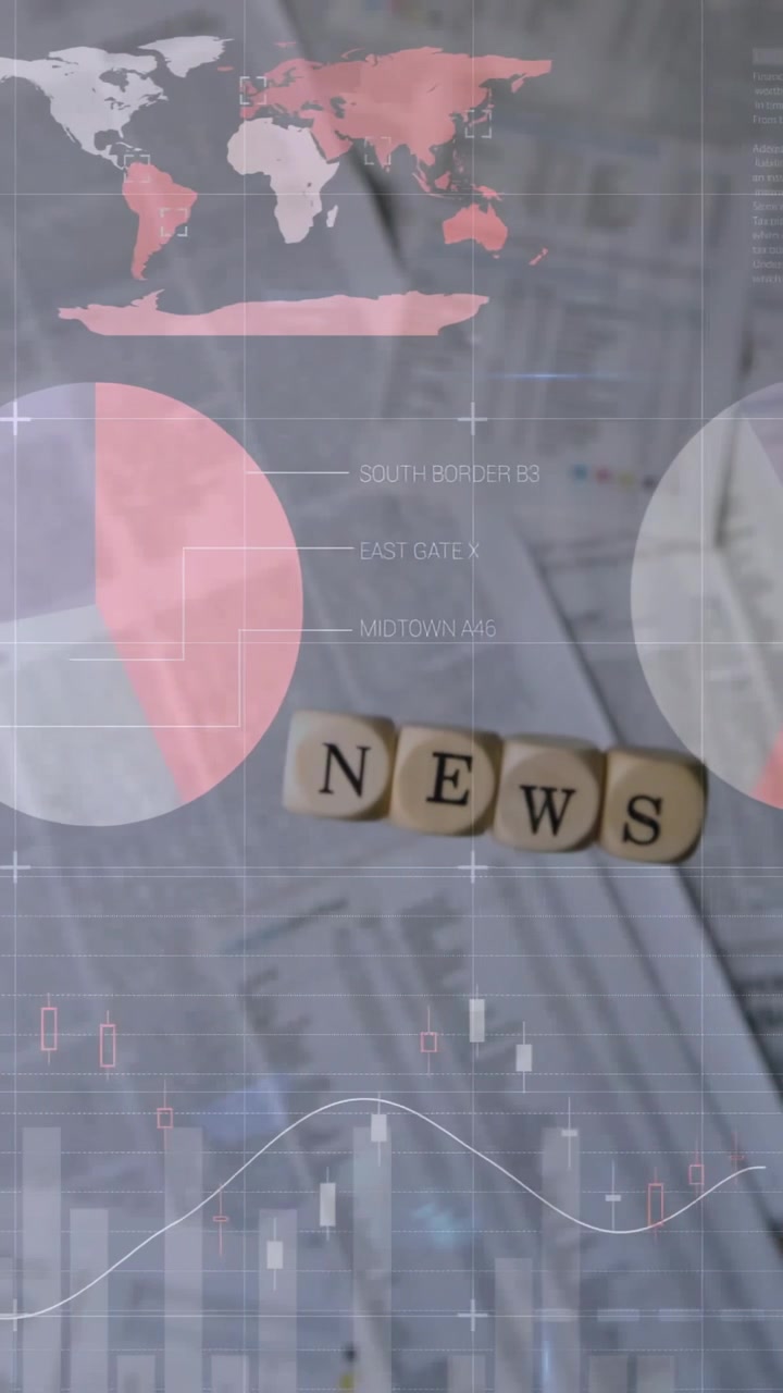 Vídeo vertical: Dedo empurrando cubos de NOTÍCIAS no papel, iniciando gráficos e um mapa para mostrar tendências de notícias.
