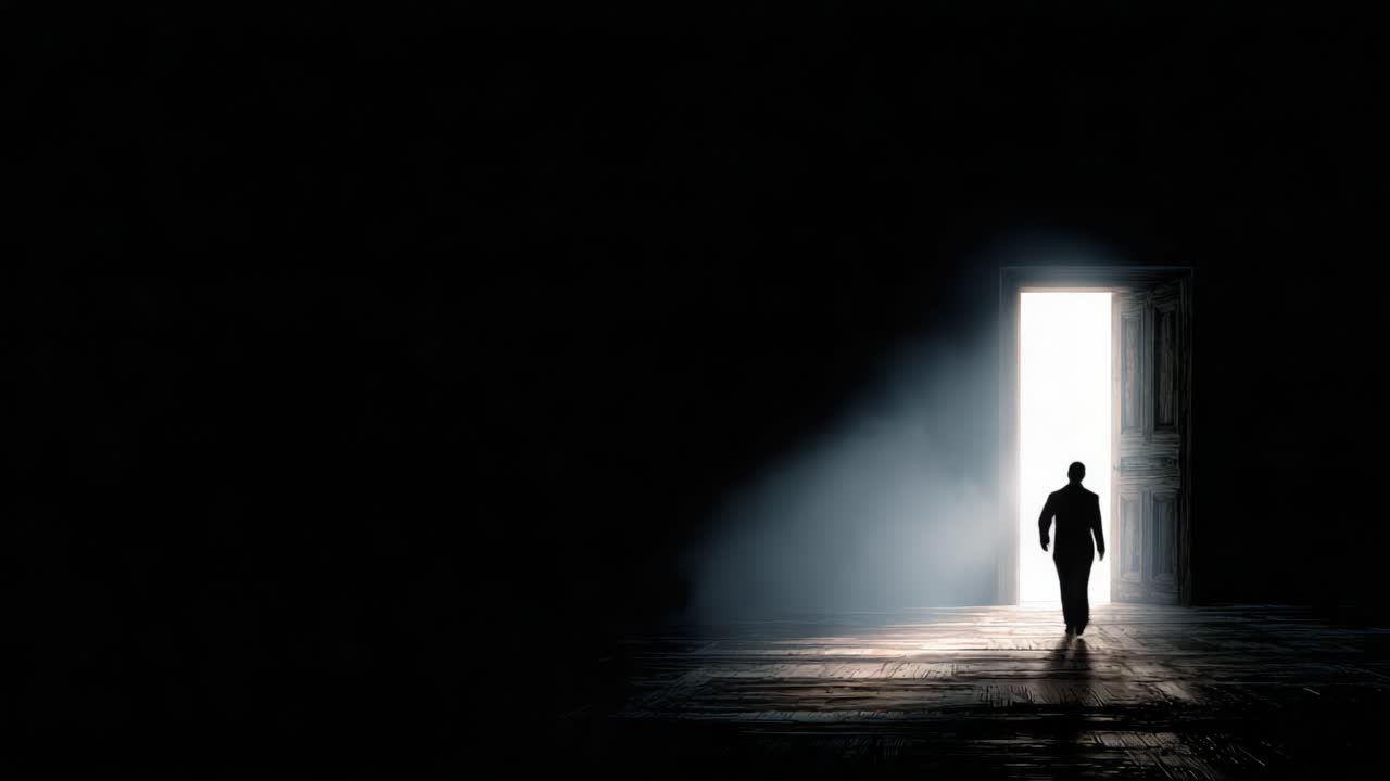 A solitary figure steps through an illuminated doorway, embodying themes of mystery, transition, and the journey between darkness and light in a stark, haunting scene