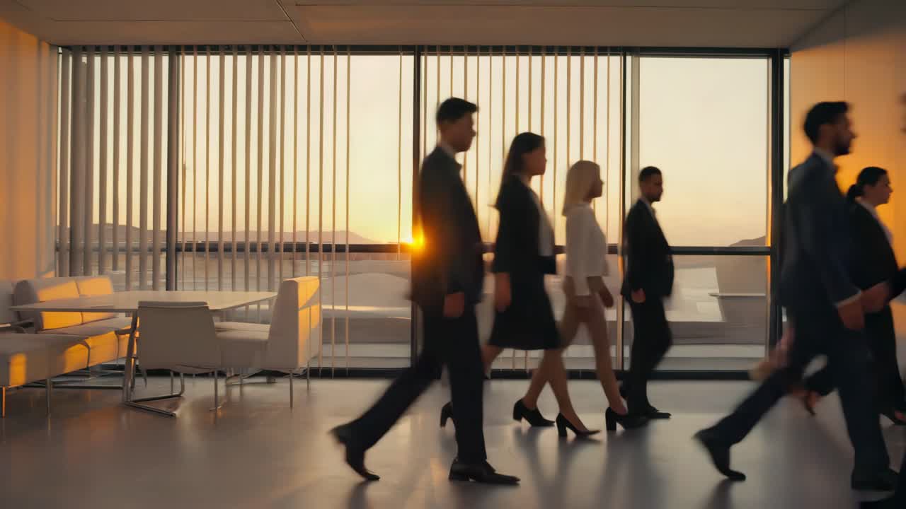 Business People Walking in Modern Office at Sunset