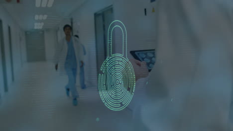 fingerprint lock animation over medical professional walking in hospital corridor