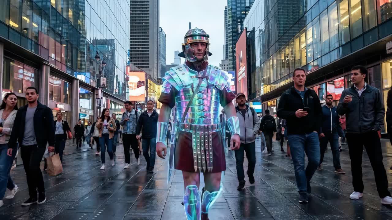 タイムズスクエアに現れたLEDのローマ兵士