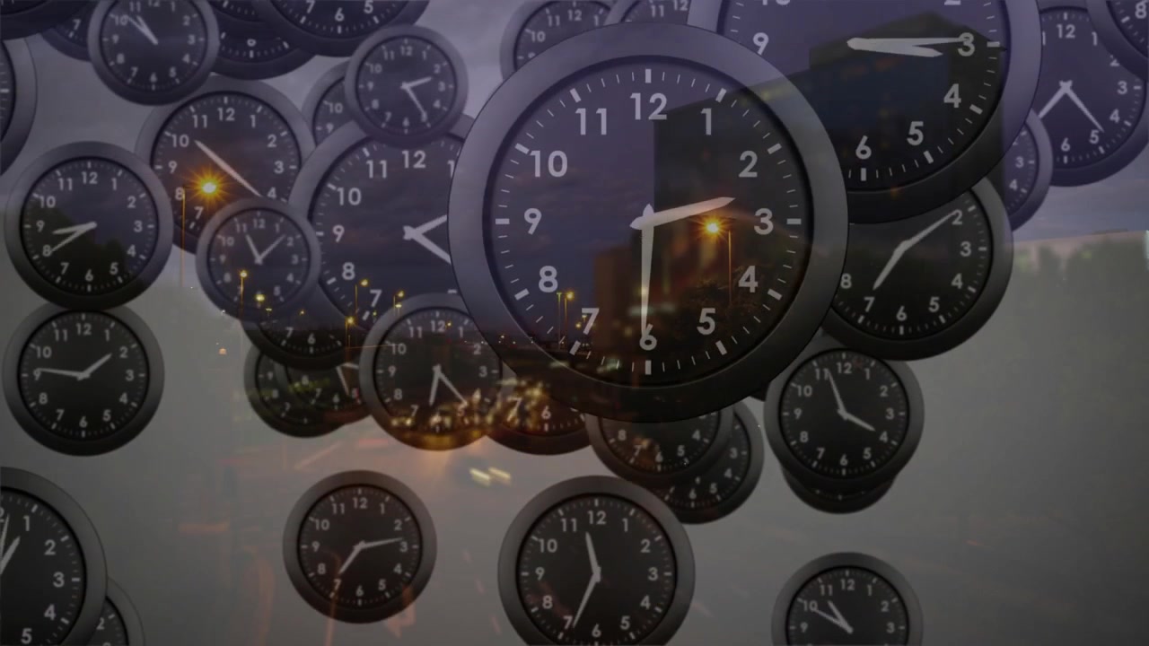 Scattering clocks floating over highway, clustering, drifting, pulsing, visualizing passing time
