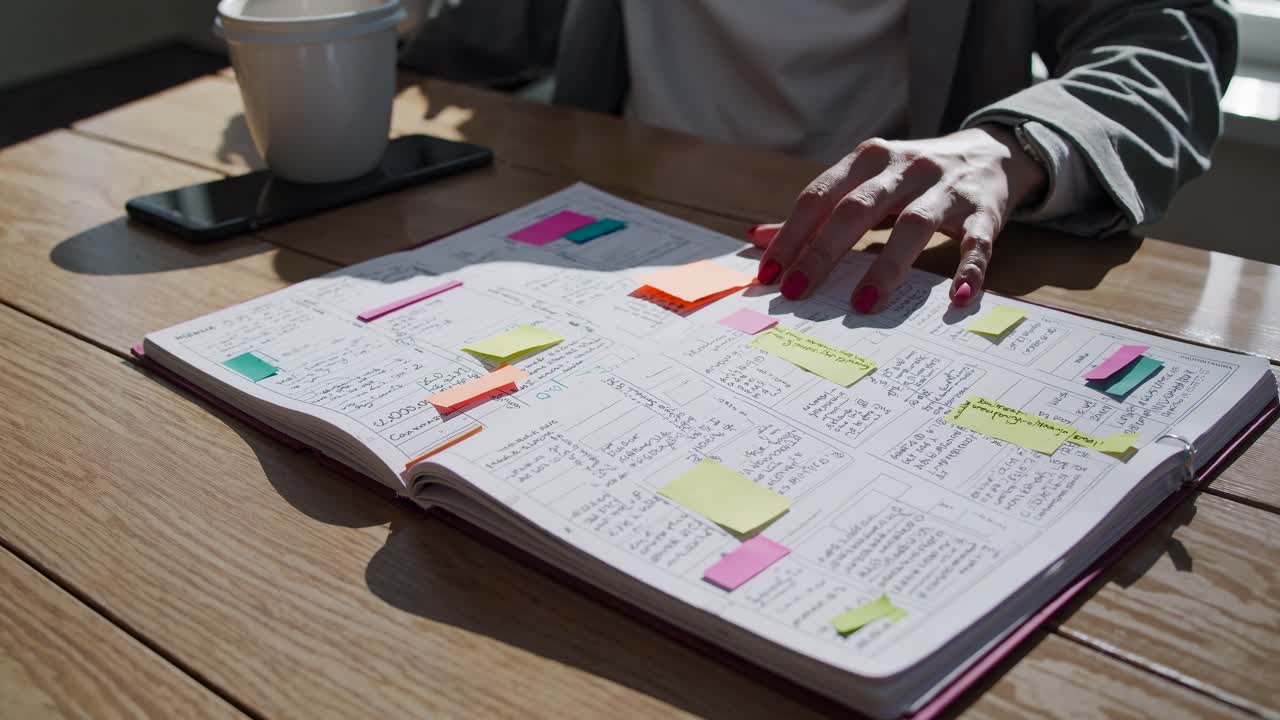 Overhead shot of a planner with colorful sticky notes on a wooden table, capturing a casual