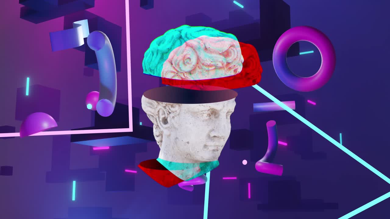 анимация древних скульптурных голов над формами и световыми следами