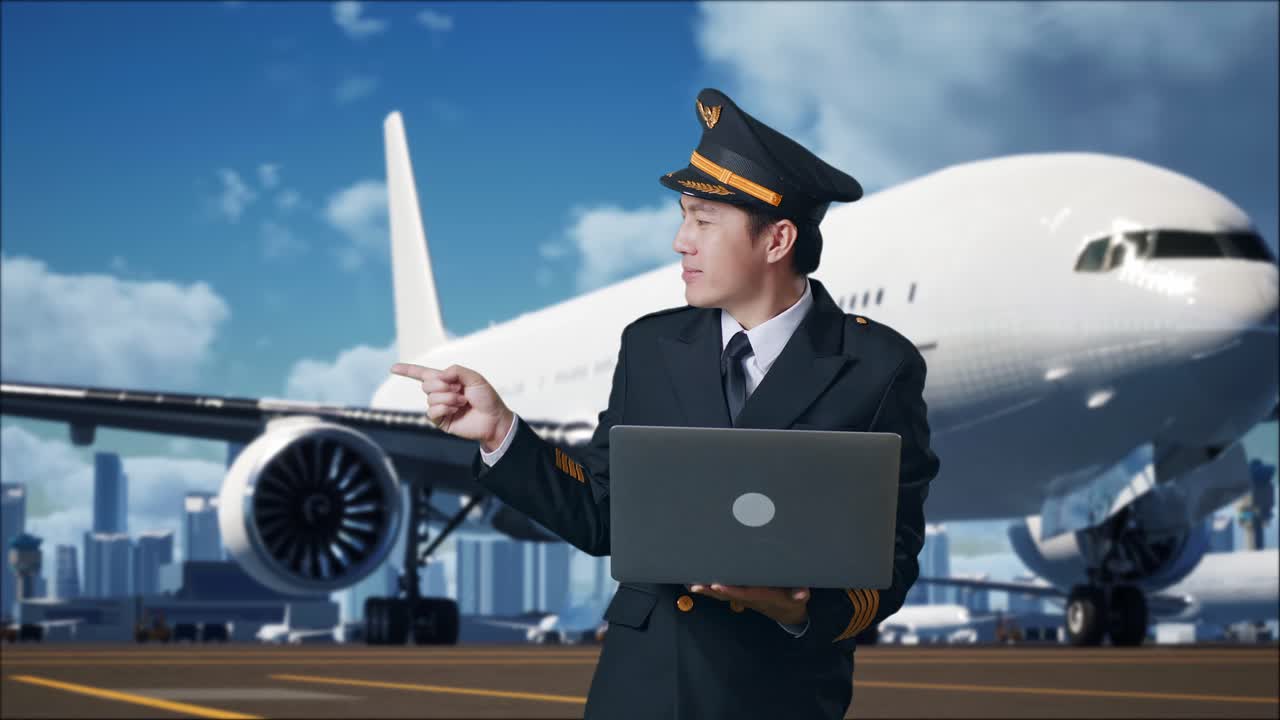 공항에서 노트북을 가진 조종사