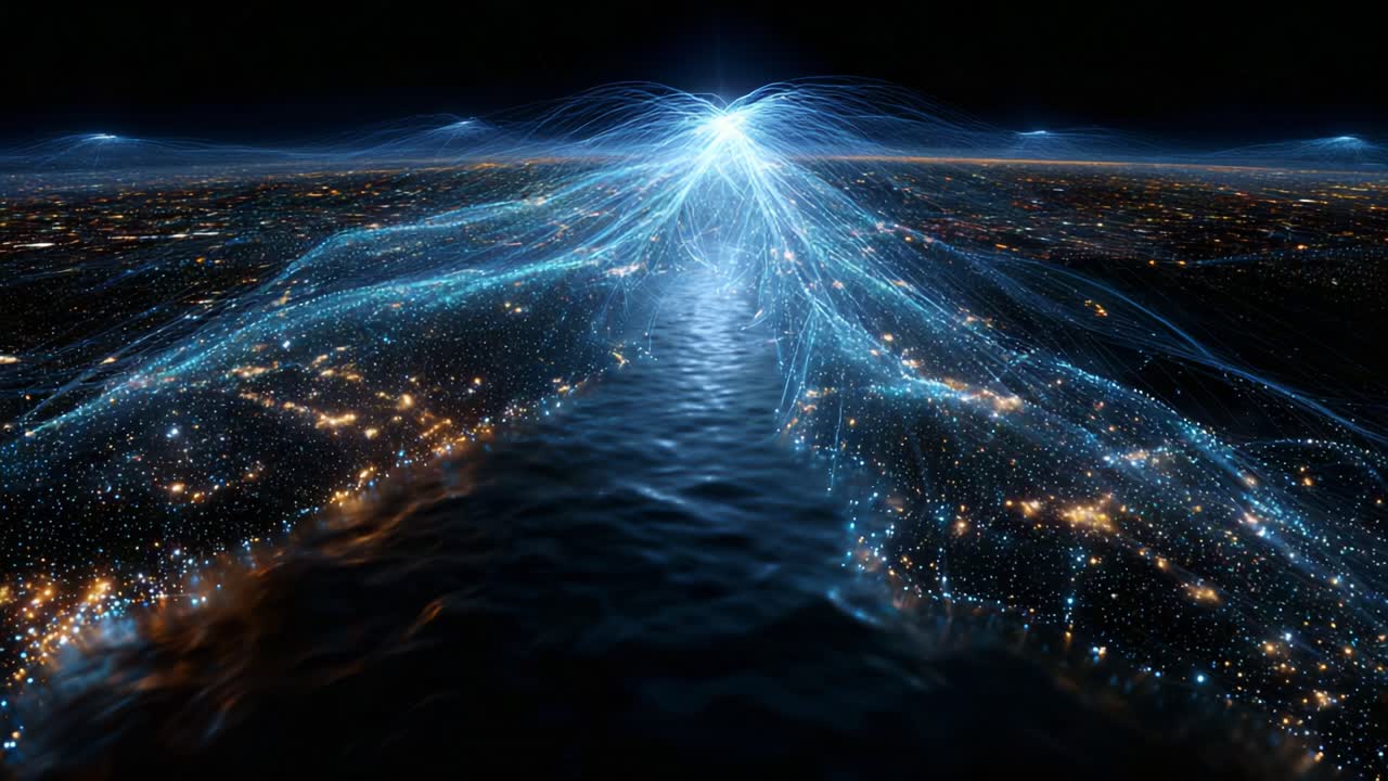 A Stunning Visualization of Energetic Waves Flowing Over a Futuristic Cityscape, Highlighting the Interplay Between Light and Water in a Vibrant and Dynamic Environment
