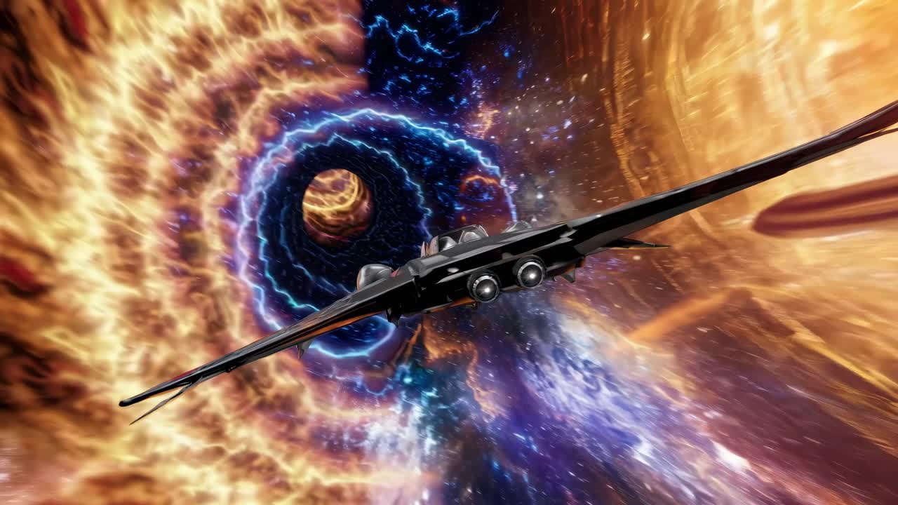 Dynamic space scene with a spaceship flying towards a swirling vortex