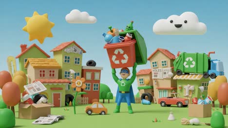 a vibrant recycling adventure: a cheerful character spreads environmental awareness by collecting waste in a whimsical town, encouraging sustainable practices among residents