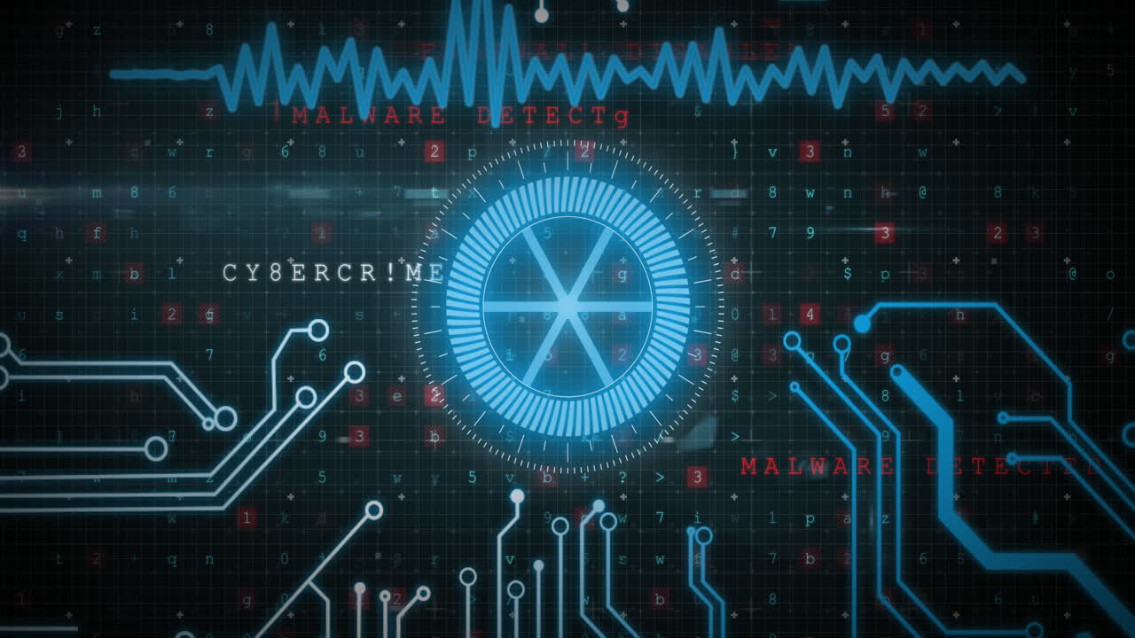 Animation of scope scanning and cyber attack warning text on black background