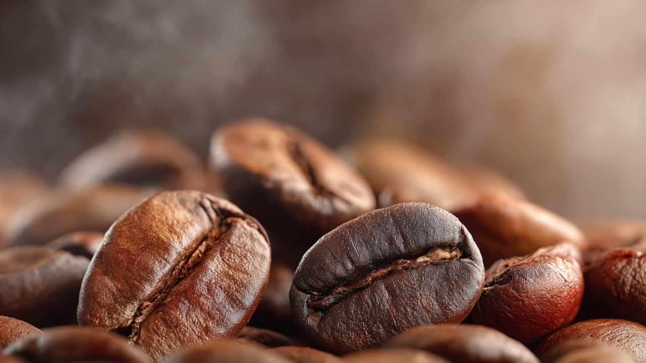 Nahaufnahme von aromatischen Kaffeebohnen in warmem Licht: Faszinierende Details gerösteter Perfektion und dampfendem Aroma für Kaffeeliebhaber