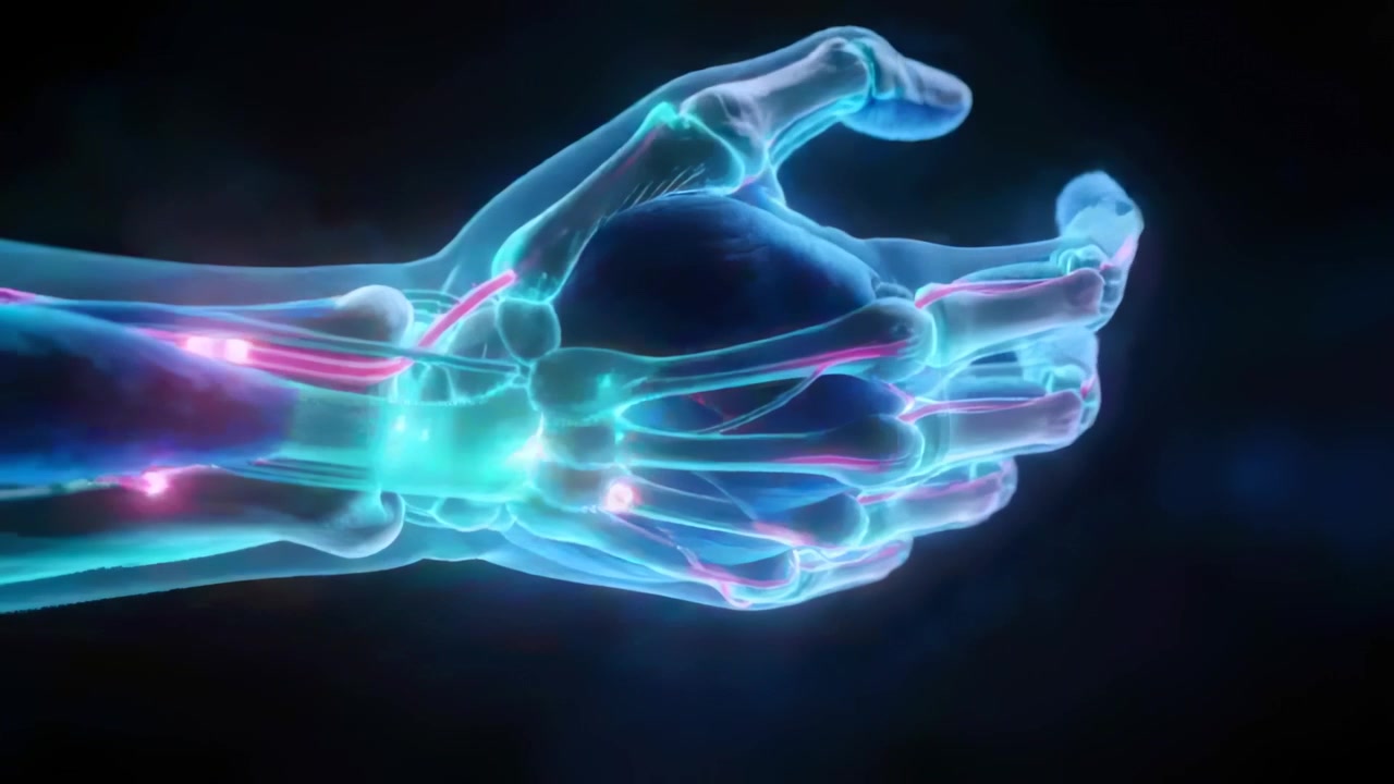 Animating glowing hand rotating and opening in virtual studio, showing cyan bones and pink tendons