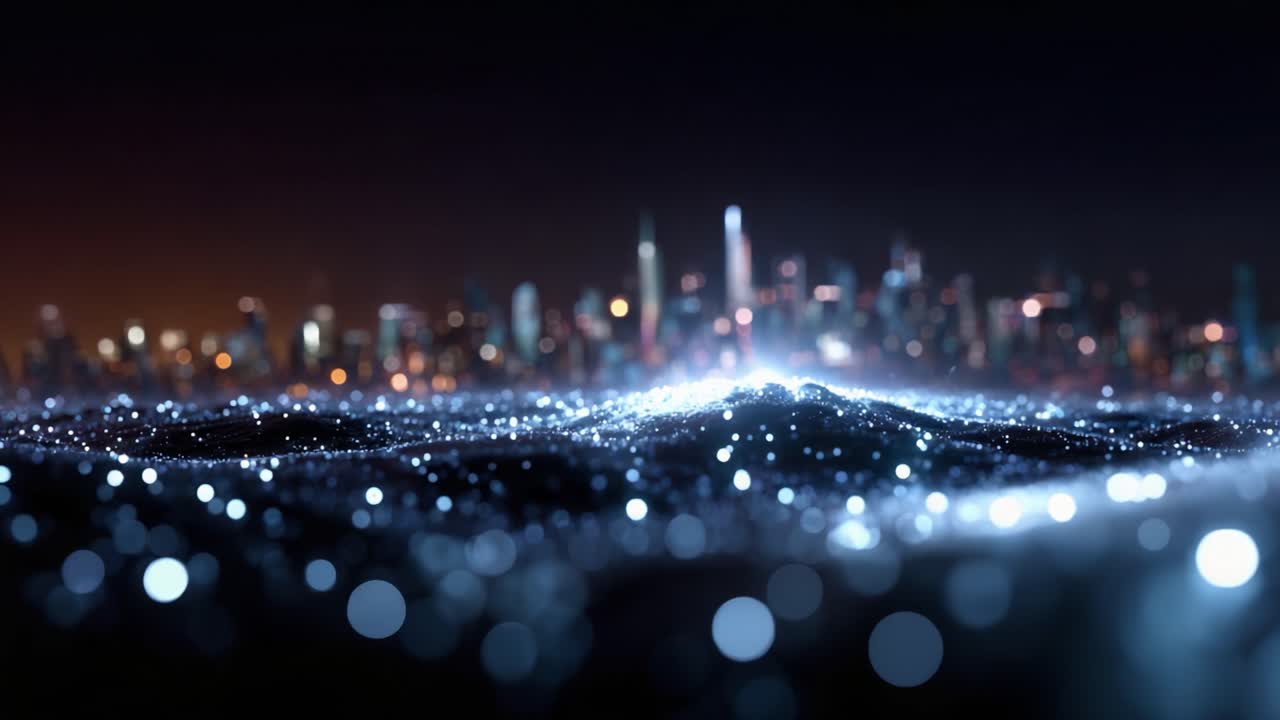 A Stunning Nightscape: Dazzling Lights and Textured Waves Create a Captivating Urban Exploration Amidst the Glimmering City Skyline in the Background