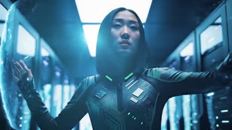 a futuristic figure harnesses electric energy in a high-tech environment, showcasing advanced technology and a striking visual presence that captivates the viewer