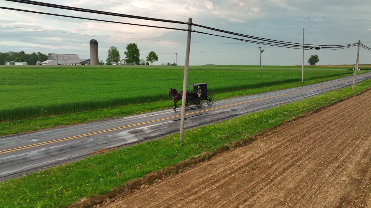 말과 마차의 역방향 공중 추적 샷