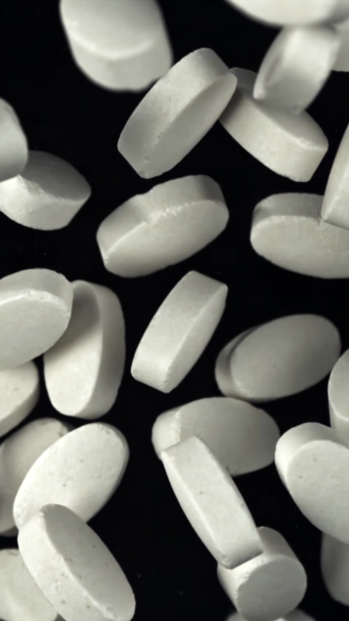 Pillole mediche bianche che cadono al rallentatore su sfondo nero