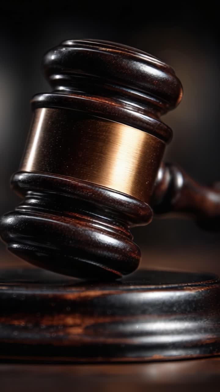 Un primo piano di un martello di legno del giudice appoggiato su un blocco sonoro, che simboleggia giustizia e autorità in un'aula di tribunale