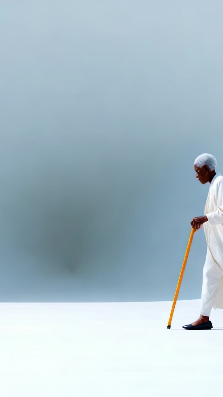 Un anziano con un abito bianco cammina con eleganza appoggiandosi a un bastone giallo su uno sfondo minimalista blu e bianco, mostrando forza e serenità in movimento.