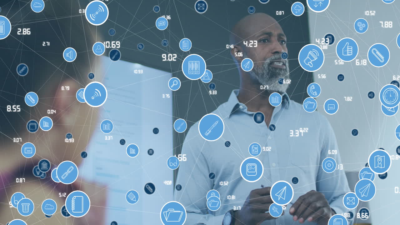 Animation of connected icons with numbers over diverse manager sharing ideas with coworkers