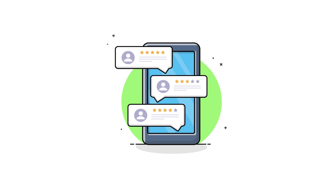 Animated Smartphone Displaying Online Customer Reviews and Ratings