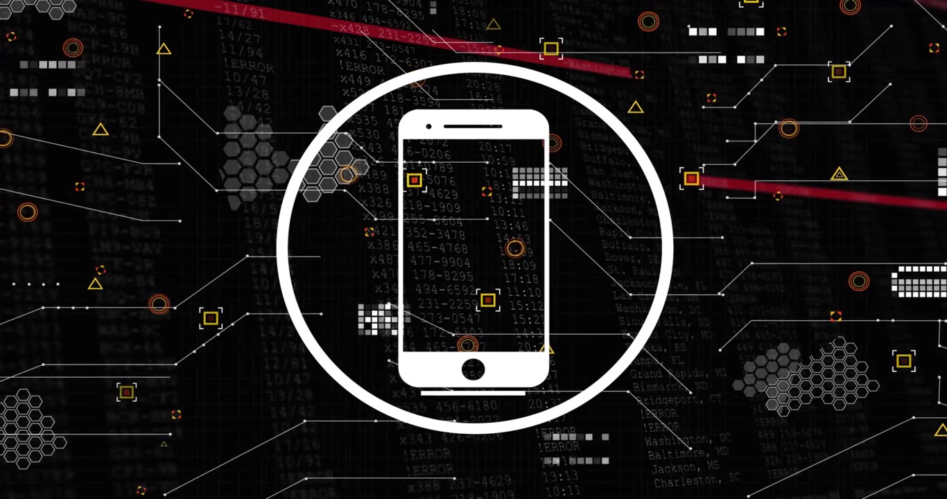 Circular outline appearing white phone pulsing markers linking and lines sweeping showing data flow