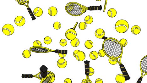 toon style yellow tennis balls and tennis rackets on white background.