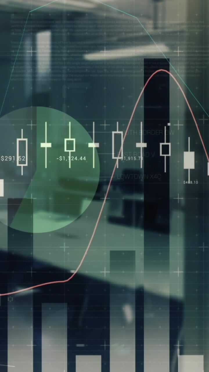 Animerede finansdata, der behandles i et kontormiljø