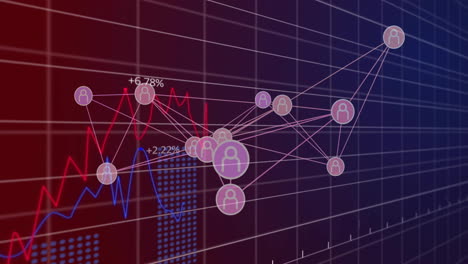 network of connections and financial data animation over graph with red and blue lines