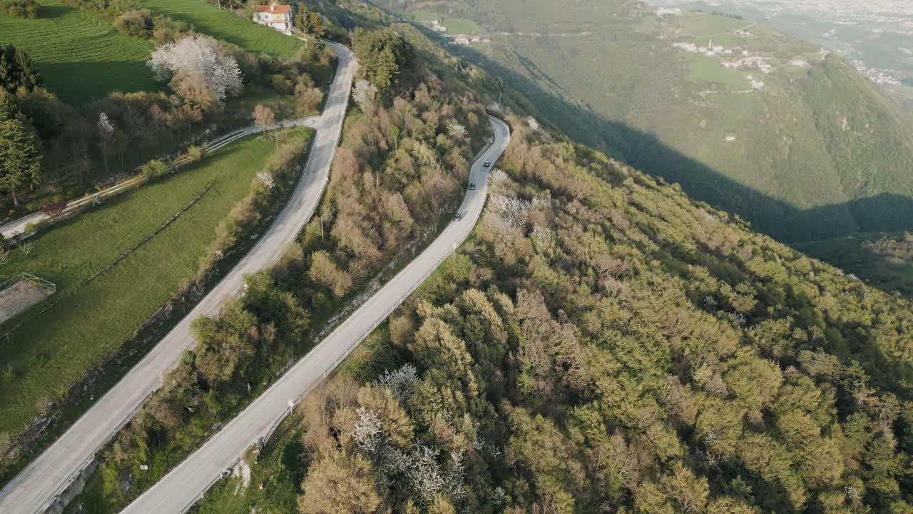 vista aérea de una carretera de montaña con densos árboles forestales en bassano del grappa, provincia de vicenza, norte de italia