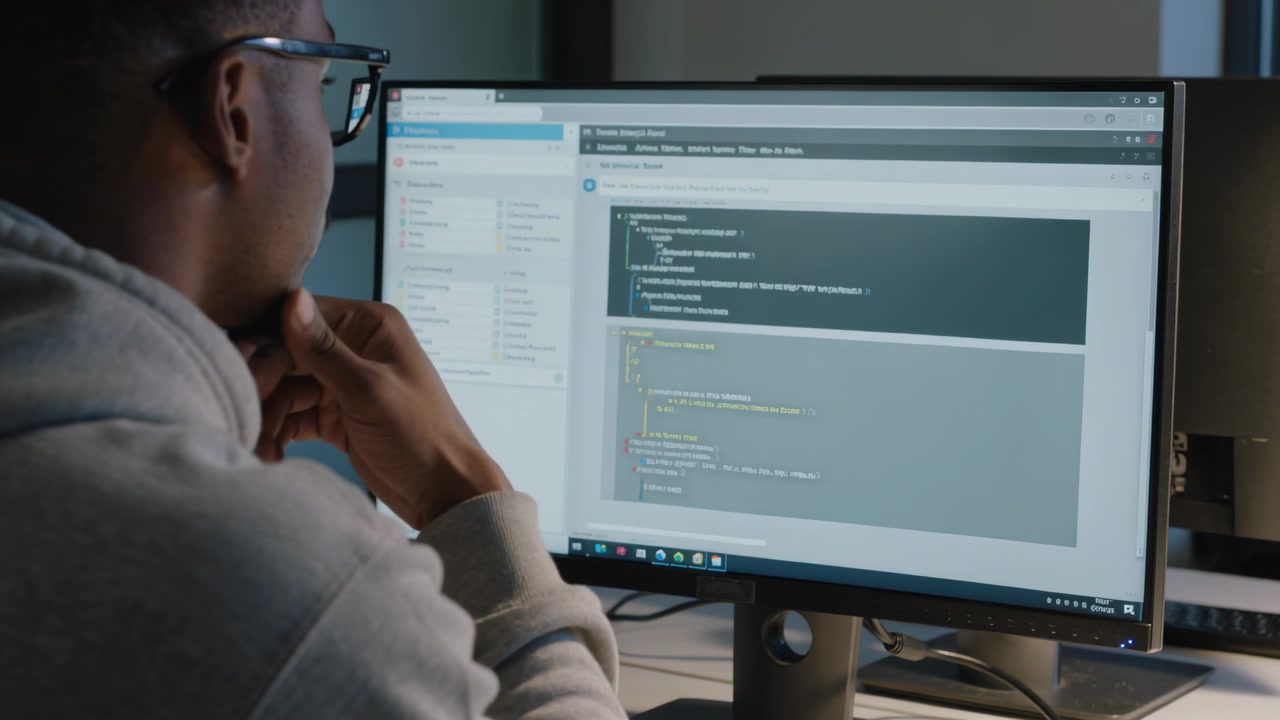 Pointing hooded man with glasses resting chin reading code on screen, debugging at desk, copy space