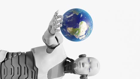 Artificial-intelligence-taking-over-concept,-humanoid-cyborg-robot-holding-globe-planet-earth-rotating-over-his-palm-hand-in-3d-rendering-animation-futuristic-scenario