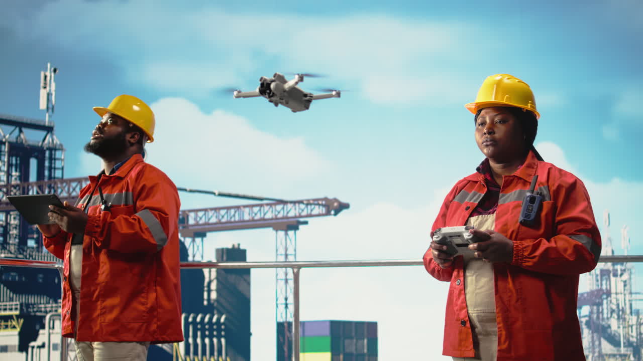 Vertical video Drilling rig crew engineers piloting inspection drone for quick overview