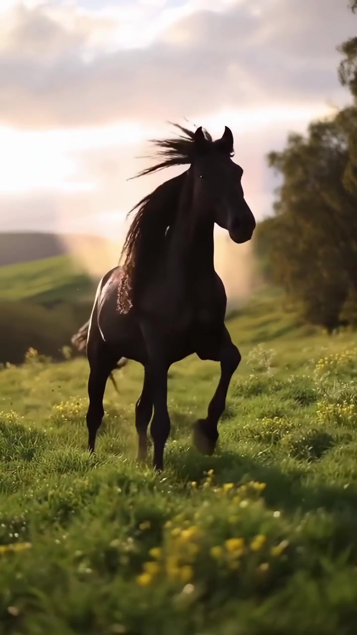 Maestoso cavallo nero che galoppa in un campo verde al tramonto