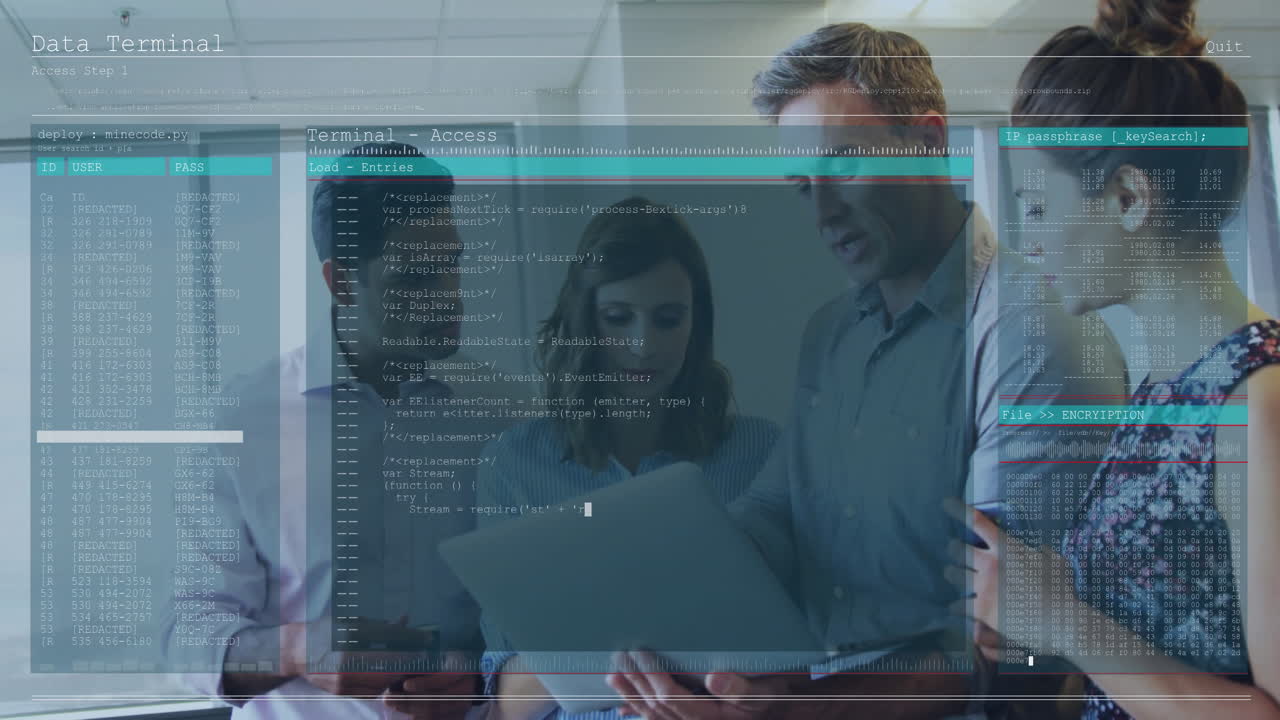 Team reviewing code on devices in office, showing animated encryption and tech data overlays