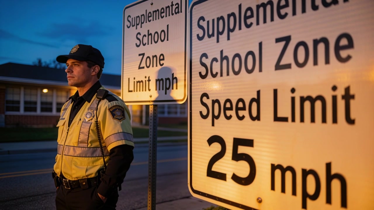 Agente in giacca ad alta visibilità che sorveglia la strada al tramonto vicino a una scuola, accanto a un segnale di 25 mph, con spazio per il testo.
