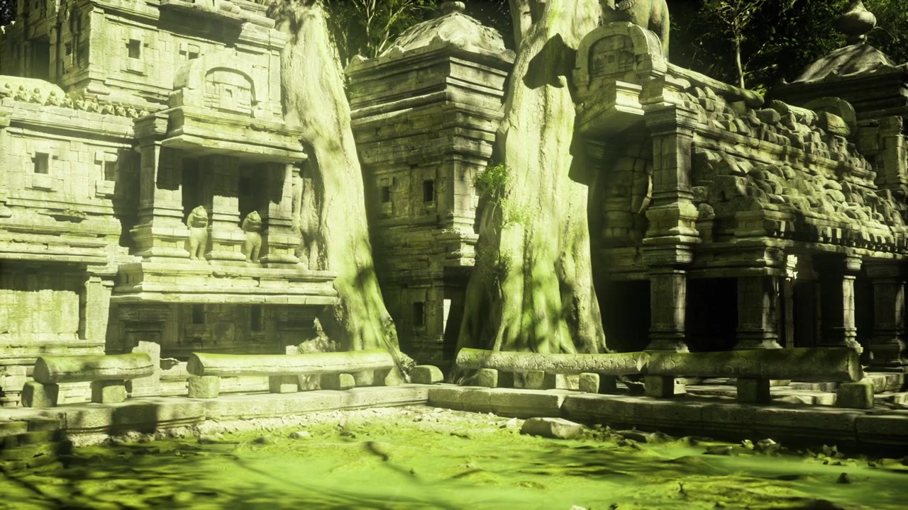 Facciata di tempio ricca di cultura con fitte chiome di banyan e ombre.