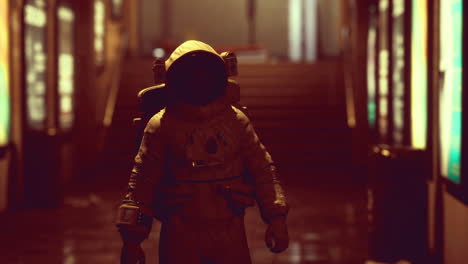 astronaut exploring a futuristic corridor in a mysterious environment