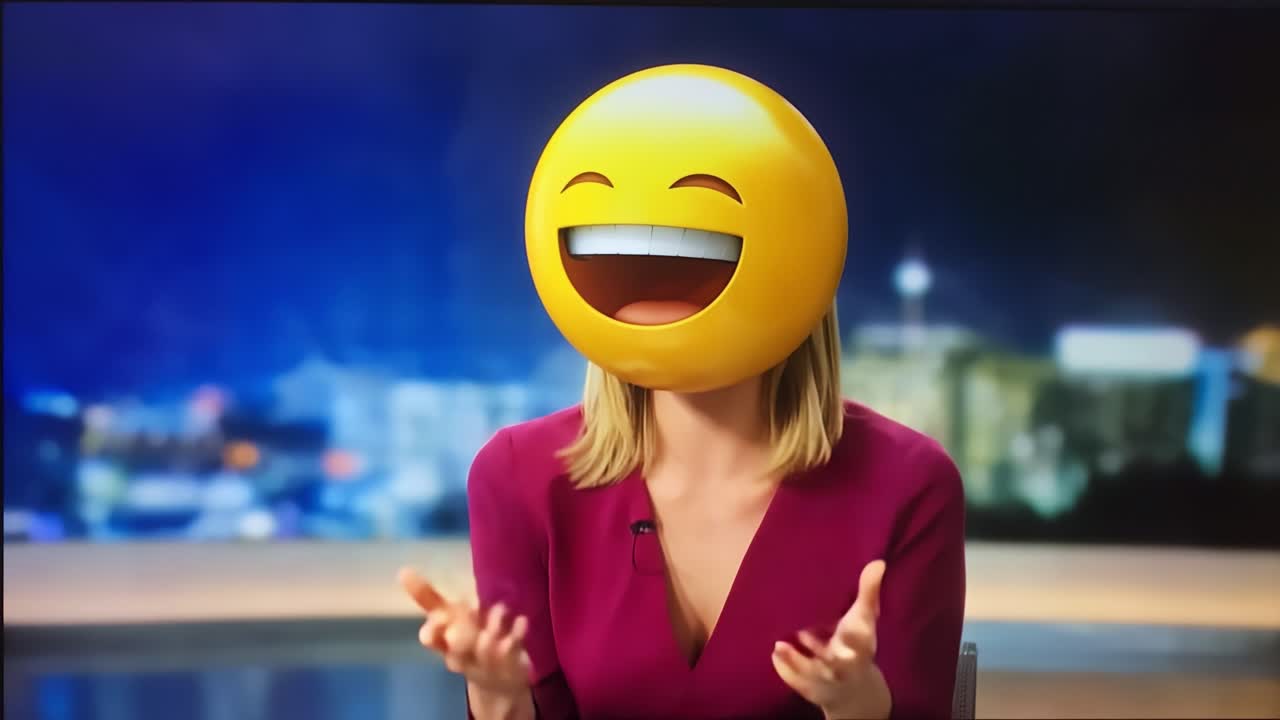 A vibrant media presenter joyfully engages with the audience, her head replaced by a cheerful emoji, showcasing a playful and entertaining atmosphere in the broadcast studio