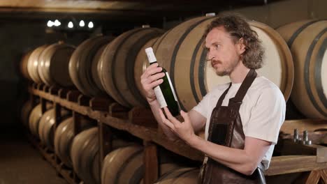 adult man winemaker at winery checking glass looking quality while standing between the barrels in the cellar controlling wine making process - real people traditional and industry wine making concept