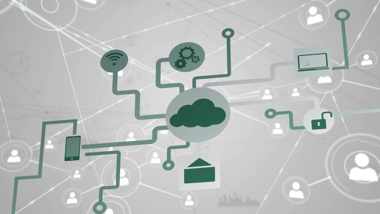 Animation of flow chart of icons, dots and profile icons connected with lines on white background