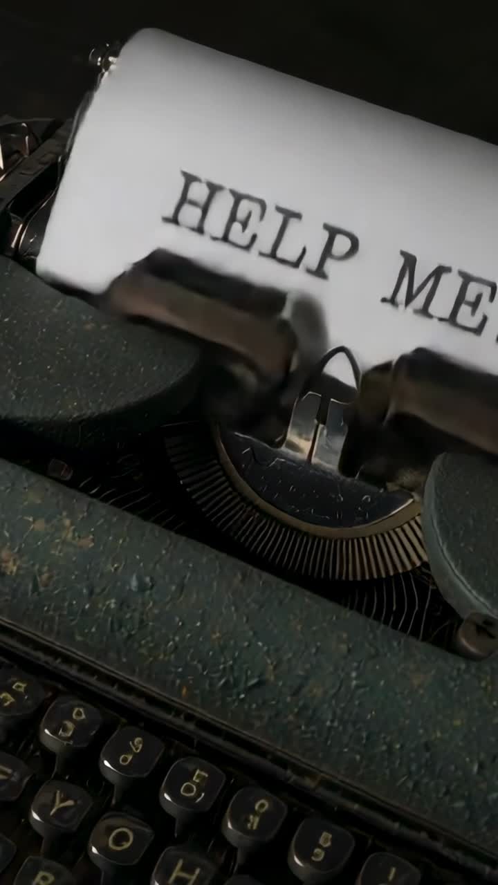 Vertical video: Panning camera centering vintage typewriter at desk, revealing HELP ME