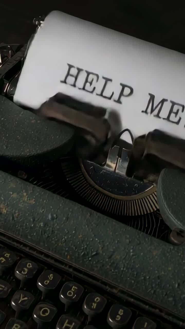 Video verticale: carrellata con la camera che inquadra una macchina da scrivere vintage su una scrivania, rivelando la scritta HELP ME