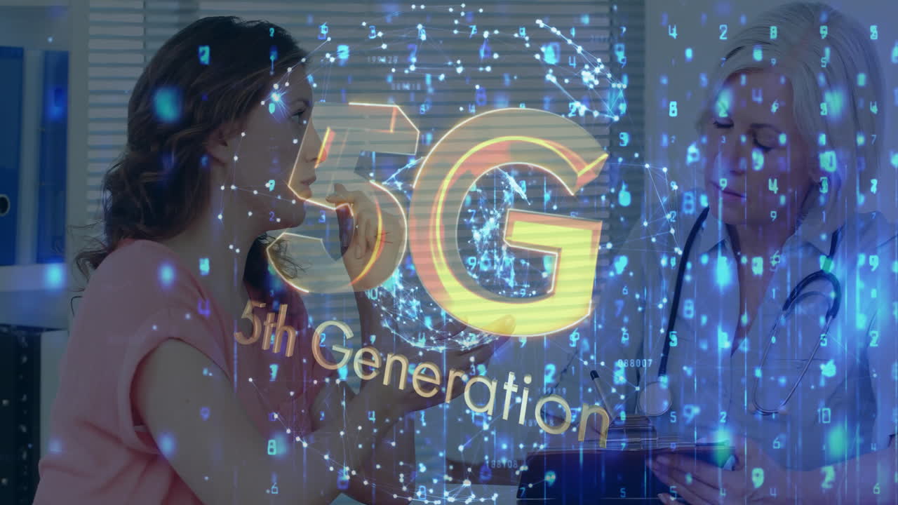 5G technology animation over doctor consulting patient in medical office