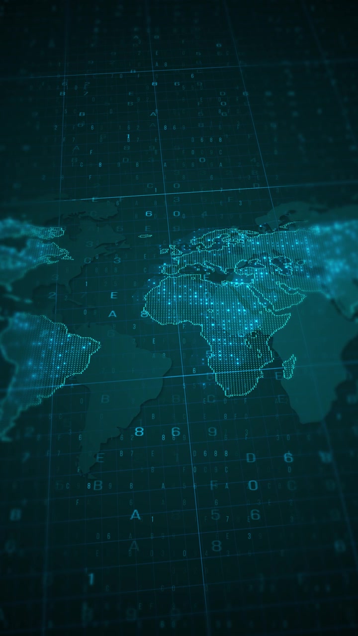 Cyan global map interface with dotted continents dark grid overlay floating data numbers and