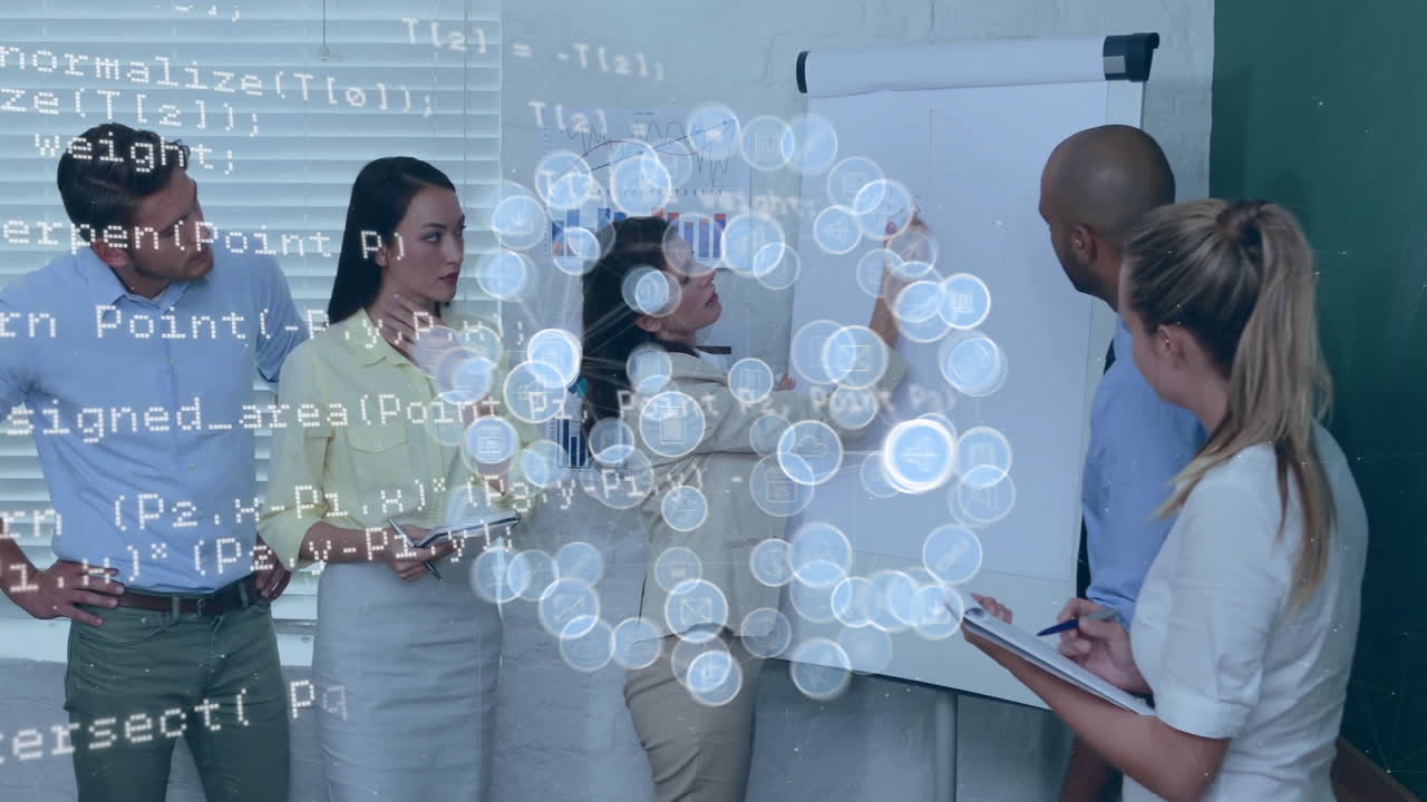 Animation of media icons and data processing over diverse colleagues discussing work at meeting