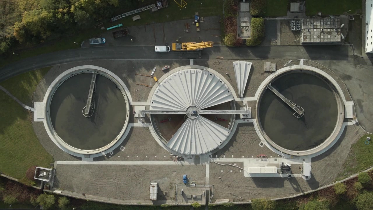 Overhead View Of Drogheda Waste Water Plant In County Louth, Ireland. - aerial shot